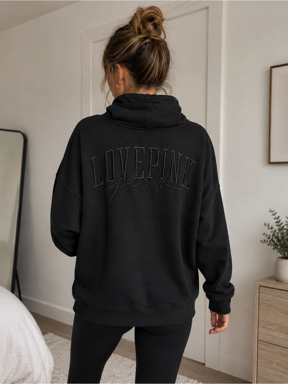 Victoria’s Secret PINK Black Oversized Funnel Neck Hoodie Sweatshirt Small